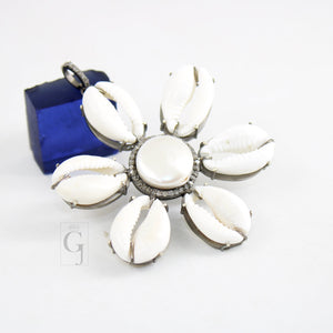 Beautiful Flower Designer Cowrie Pearl Pendant Diamond Rosecut Pave Diamond Pendant 925 Sterling Silver Handmade Diamond Necklace Pendant