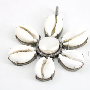 Beautiful Flower Designer Cowrie Pearl Pendant Diamond Rosecut Pave Diamond Pendant 925 Sterling Silver Handmade Diamond Necklace Pendant