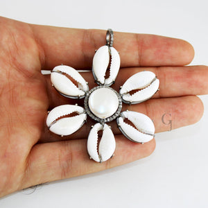 Beautiful Flower Designer Cowrie Pearl Pendant Diamond Rosecut Pave Diamond Pendant 925 Sterling Silver Handmade Diamond Necklace Pendant
