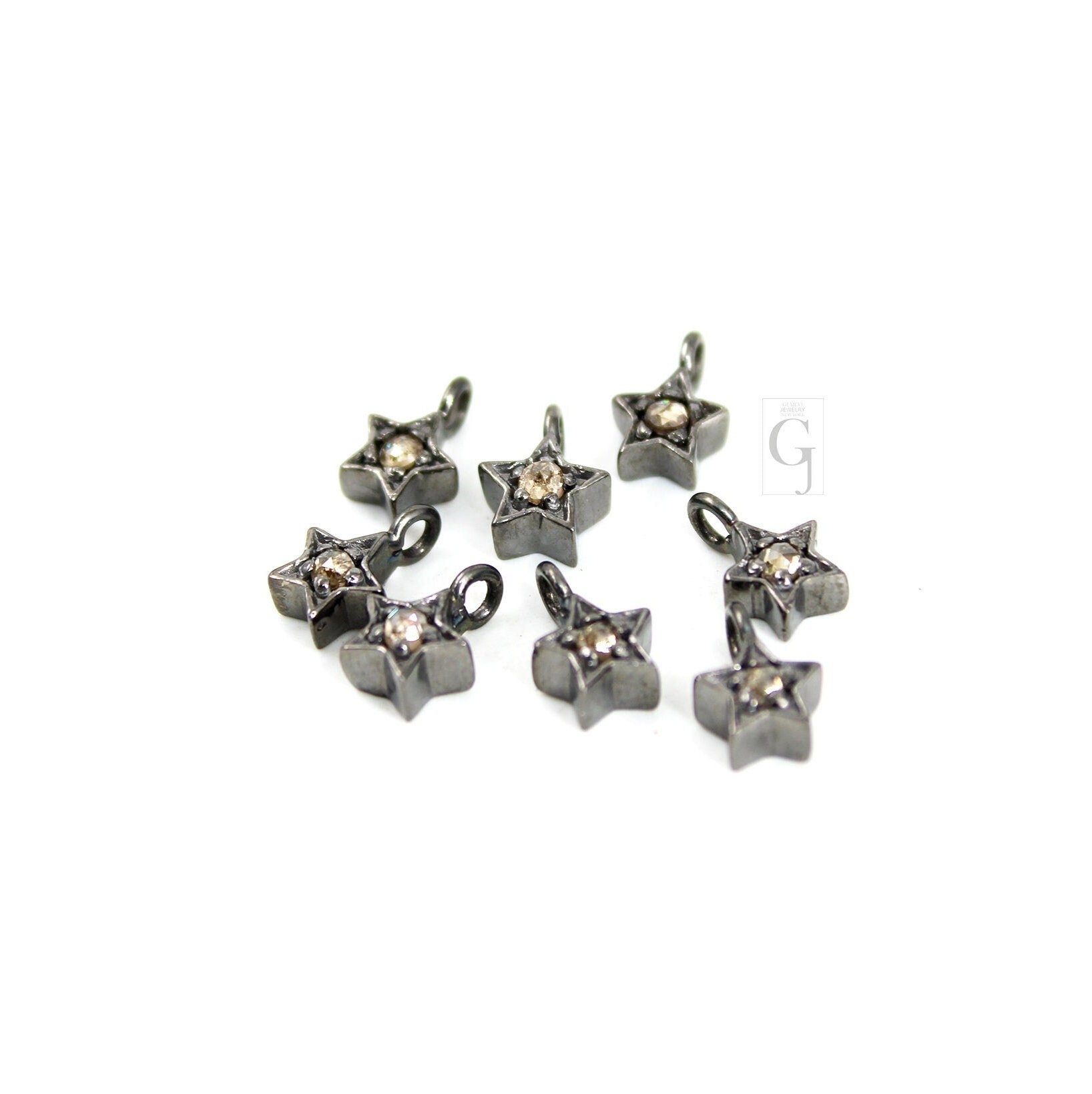 Set Of 5 Star Pendant Charms Designer Rosecut Pave Diamond Pendant Sterling 925 Silver Handmade Finish Diamond Charms Necklace Pendant