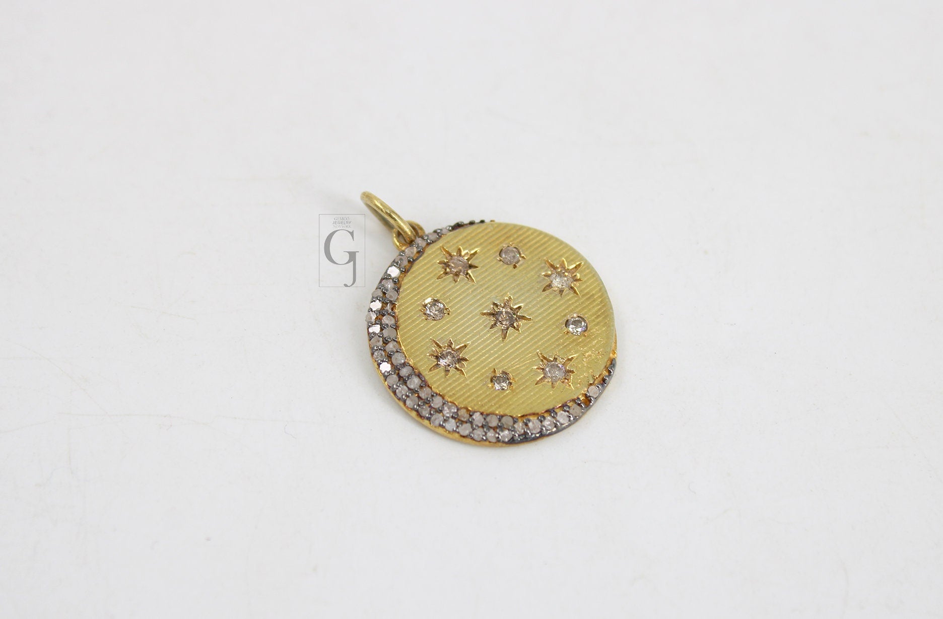 14k Finish Moon And Star Pendant Designer Rosecut Pave Diamond Pendant Sterling 925 Silver Handmade Finish Diamond Charms Necklace Pendant