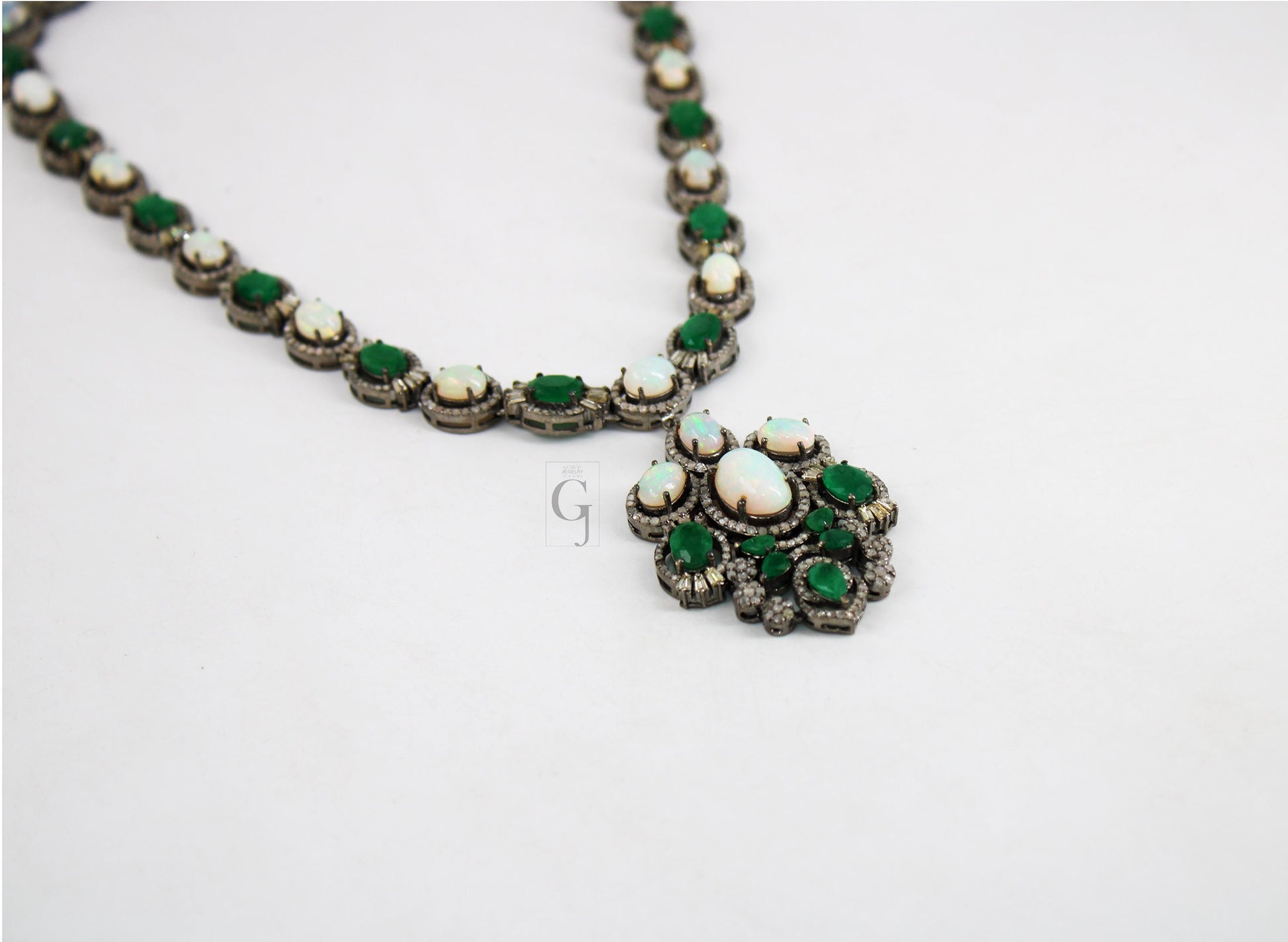 Very Beautiful Emerald,  Opal Necklace Rosecut Pave Diamond Necklace Handmade 925 Sterling Silver Finish Diamond Necklace Earring