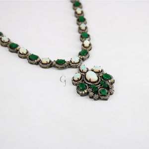 Very Beautiful Emerald,  Opal Necklace Rosecut Pave Diamond Necklace Handmade 925 Sterling Silver Finish Diamond Necklace Earring