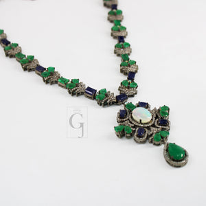 Very Beautiful Emerald, Sapphire , Opal Necklace Rosecut Pave Diamond Necklace Handmade 925 Sterling Silver Finish Diamond Necklace Earring
