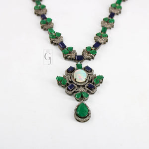 Very Beautiful Emerald, Sapphire , Opal Necklace Rosecut Pave Diamond Necklace Handmade 925 Sterling Silver Finish Diamond Necklace Earring