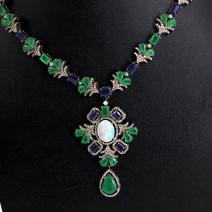 Very Beautiful Emerald, Sapphire , Opal Necklace Rosecut Pave Diamond Necklace Handmade 925 Sterling Silver Finish Diamond Necklace Earring