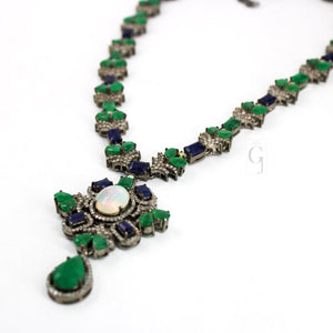 Very Beautiful Emerald, Sapphire , Opal Necklace Rosecut Pave Diamond Necklace Handmade 925 Sterling Silver Finish Diamond Necklace Earring