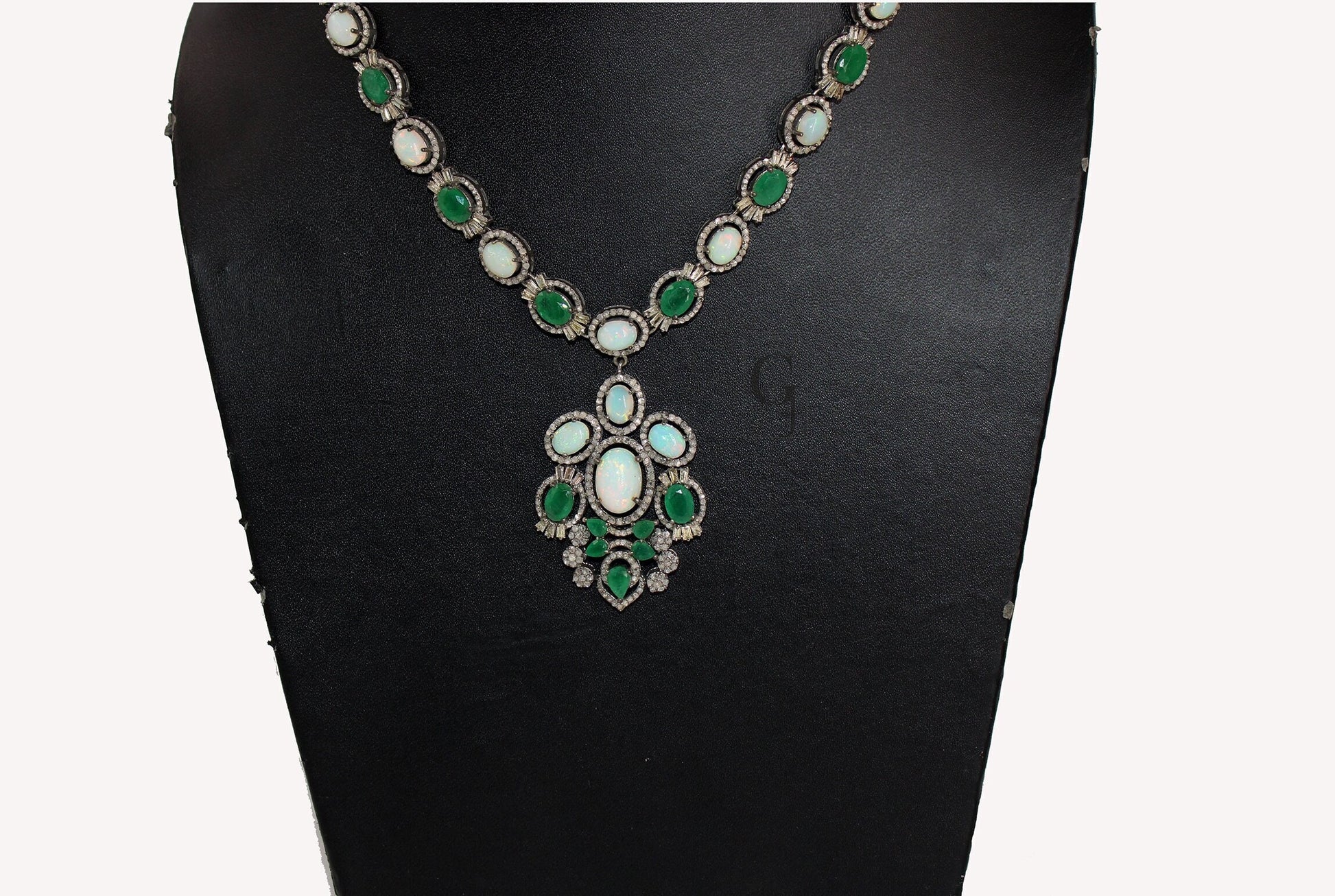 Very Beautiful Emerald,  Opal Necklace Rosecut Pave Diamond Necklace Handmade 925 Sterling Silver Finish Diamond Necklace Earring