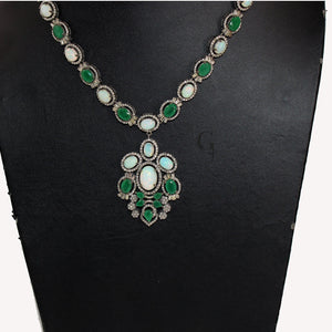 Very Beautiful Emerald,  Opal Necklace Rosecut Pave Diamond Necklace Handmade 925 Sterling Silver Finish Diamond Necklace Earring