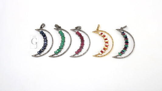 Baguette Emerald, Ruby, Sapphire Moon Pendant Designer Rosecut Pave Diamond Pendant Sterling 925 Silver Handmade Finish Diamond Pendant