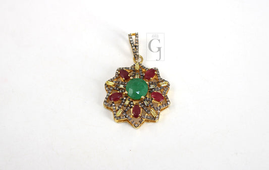 18k Finish Emerald And Ruby Pendant Designer Rosecut Pave Diamond Pendant Sterling 925 Silver Handmade Finish Diamond Necklace Pendant