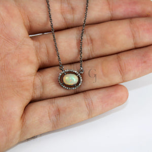 Beautiful Fire Opal Pendant Necklace Designer Rosecut Pave Diamond Pendant Sterling 925 Silver Handmade Finish Diamond Charms Pendant