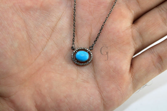 Beautiful Turquoise Pendant Necklace Designer Rosecut Pave Diamond Pendant Sterling 925 Silver Handmade Finish Diamond Charms Pendant
