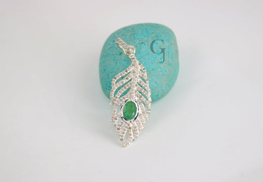 Silver designer feather emerald pendant Rosecut pave diamond pendant 925 sterling silver handmade finish diamond necklace pendant jewelry