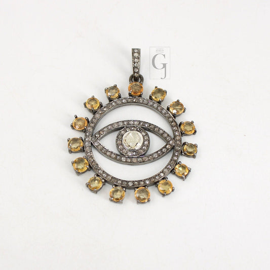 Polki Evil eye Citrin pendant designer Rosecut pave diamond pendant 925 sterling silver handmade finish diamond charm necklace pendant
