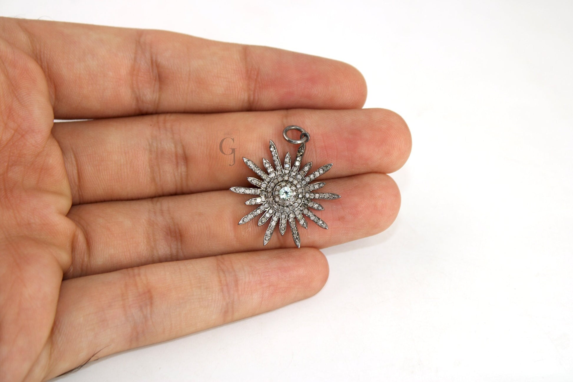 Pave Diamond Rosecut Pendant 925 Sterling Silver Pendant Handmade Diamond Pendant Beautiful Sunburst Pave Diamond Pendant