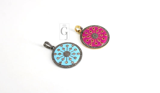 Beautiful Enameling Sunburst Pendant Designer Rosecut Pave Diamond Pendant Sterling 925 Silver Handmade Finish Diamond  Necklace Pendant
