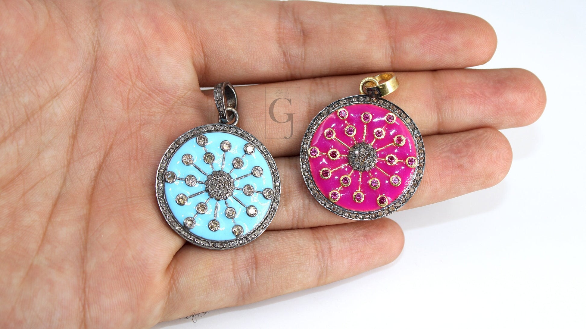 Beautiful Enameling Sunburst Pendant Designer Rosecut Pave Diamond Pendant Sterling 925 Silver Handmade Finish Diamond  Necklace Pendant