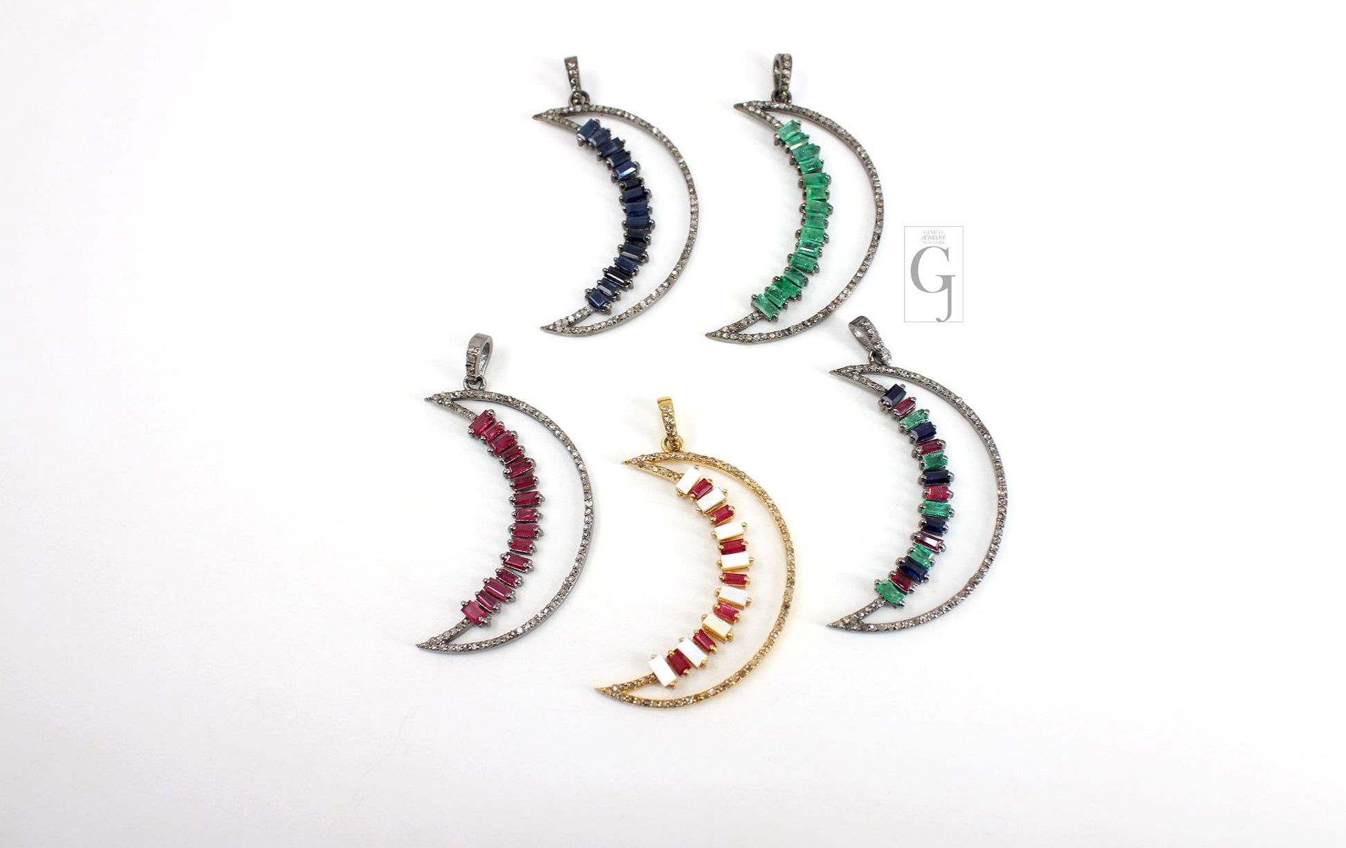 Baguette Emerald, Ruby, Sapphire Moon Pendant Designer Rosecut Pave Diamond Pendant Sterling 925 Silver Handmade Finish Diamond Pendant