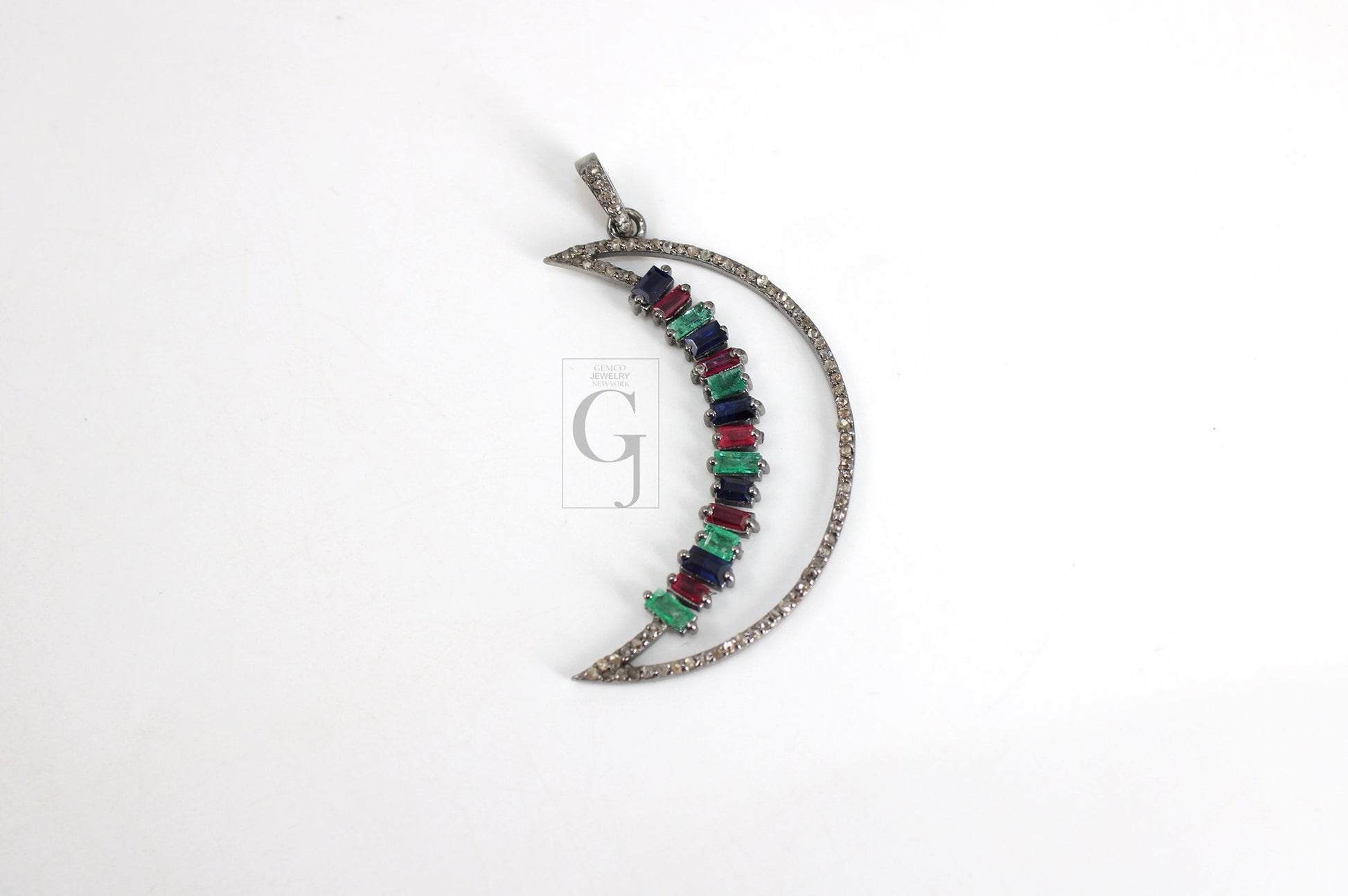 Baguette Emerald, Ruby, Sapphire Moon Pendant Designer Rosecut Pave Diamond Pendant Sterling 925 Silver Handmade Finish Diamond Pendant