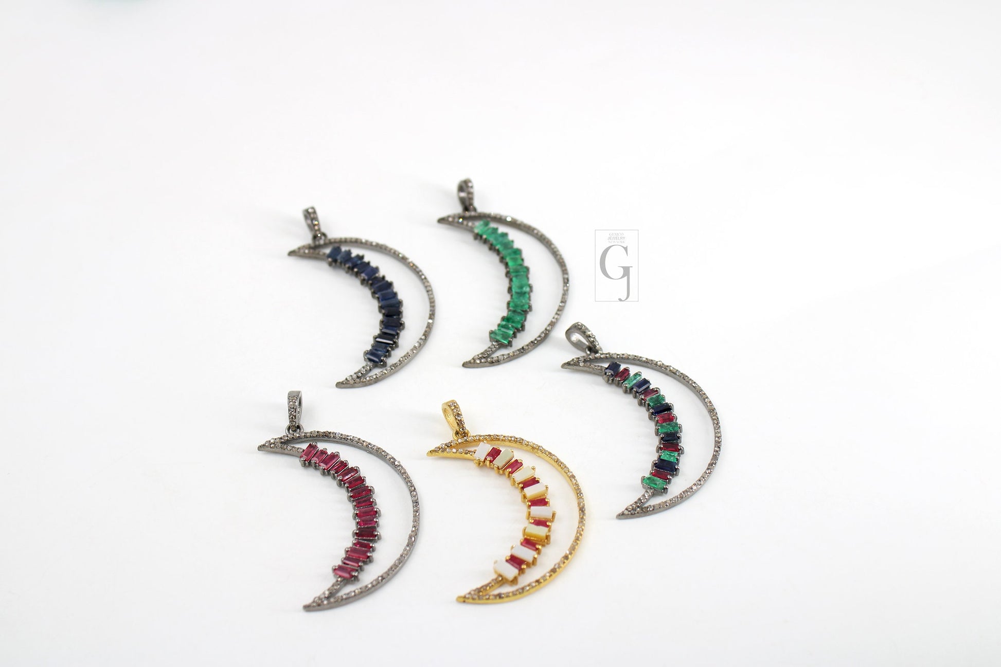 Baguette Emerald, Ruby, Sapphire Moon Pendant Designer Rosecut Pave Diamond Pendant Sterling 925 Silver Handmade Finish Diamond Pendant