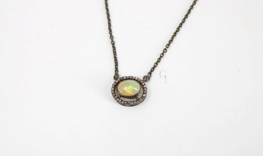 Beautiful Fire Opal Pendant Necklace Designer Rosecut Pave Diamond Pendant Sterling 925 Silver Handmade Finish Diamond Charms Pendant