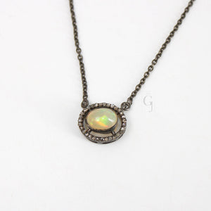Beautiful Fire Opal Pendant Necklace Designer Rosecut Pave Diamond Pendant Sterling 925 Silver Handmade Finish Diamond Charms Pendant