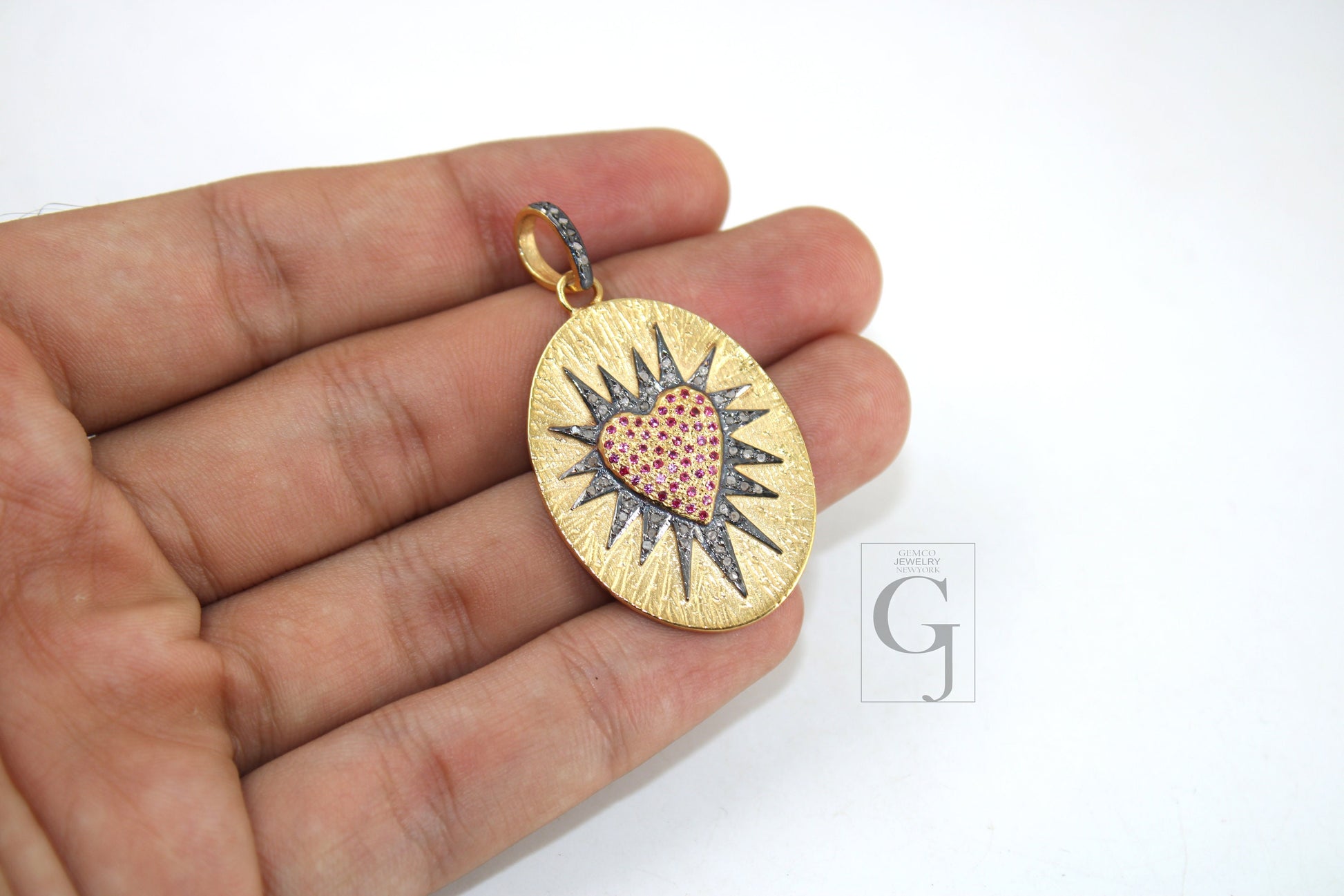 Beautiful Ruby Love Sunburst Designer Charm Rosecut Pave Diamond Pendant 925 Sterling Silver Handmade Finish Diamond Charms Necklace Pendant
