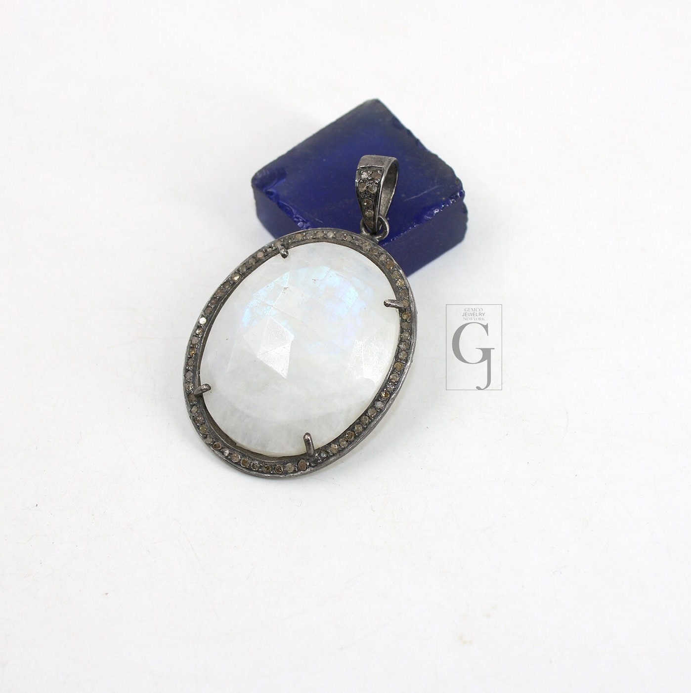 Blue Fire Rainbow Moonstone Pendant Rosecut Pave Diamond Pendant sterling silver handmade finish diamond charms necklace pendant jewelry