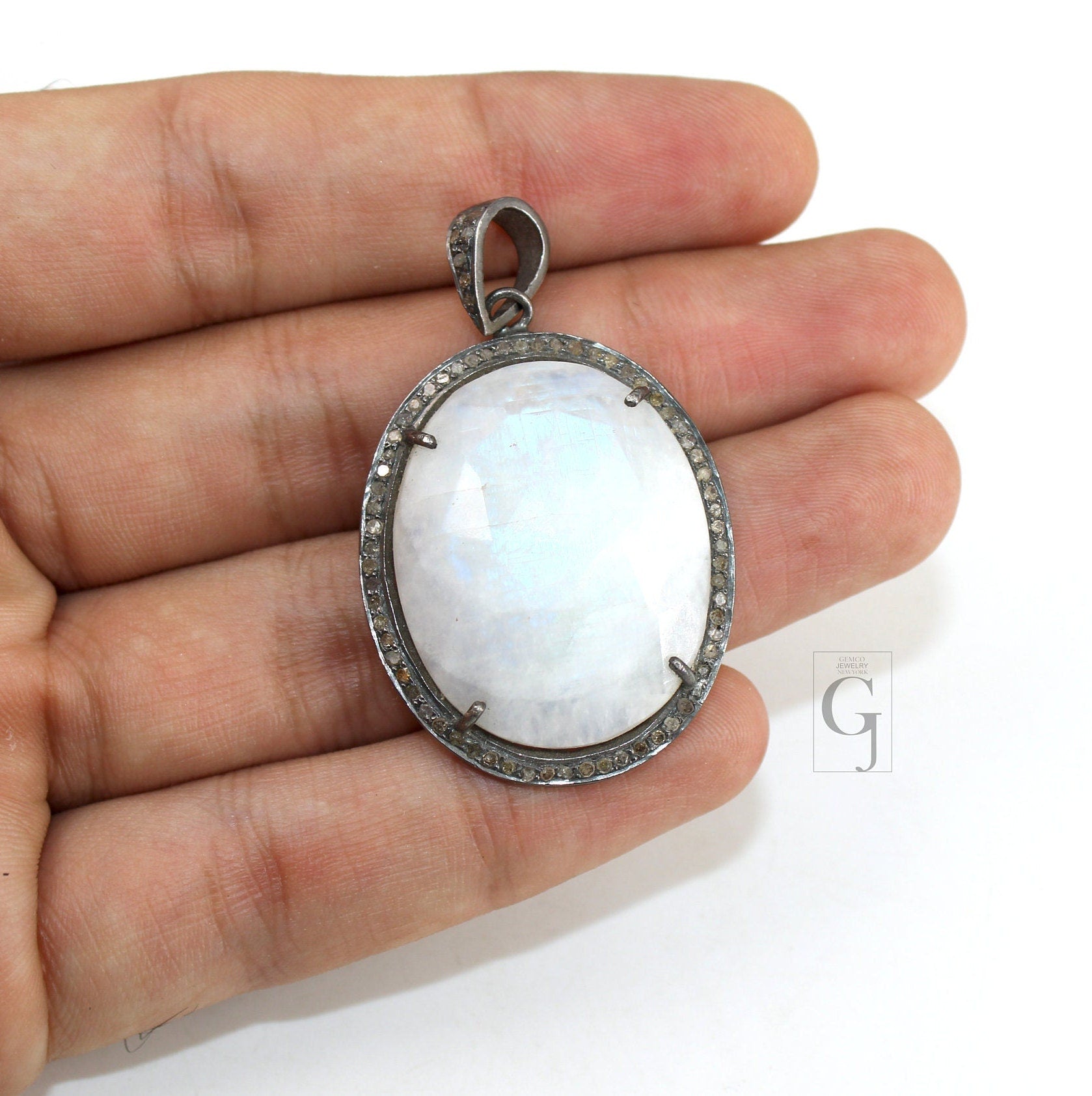 Blue Fire Rainbow Moonstone Pendant Rosecut Pave Diamond Pendant sterling silver handmade finish diamond charms necklace pendant jewelry