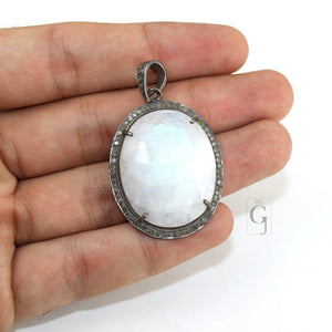 Blue Fire Rainbow Moonstone Pendant Rosecut Pave Diamond Pendant sterling silver handmade finish diamond charms necklace pendant jewelry