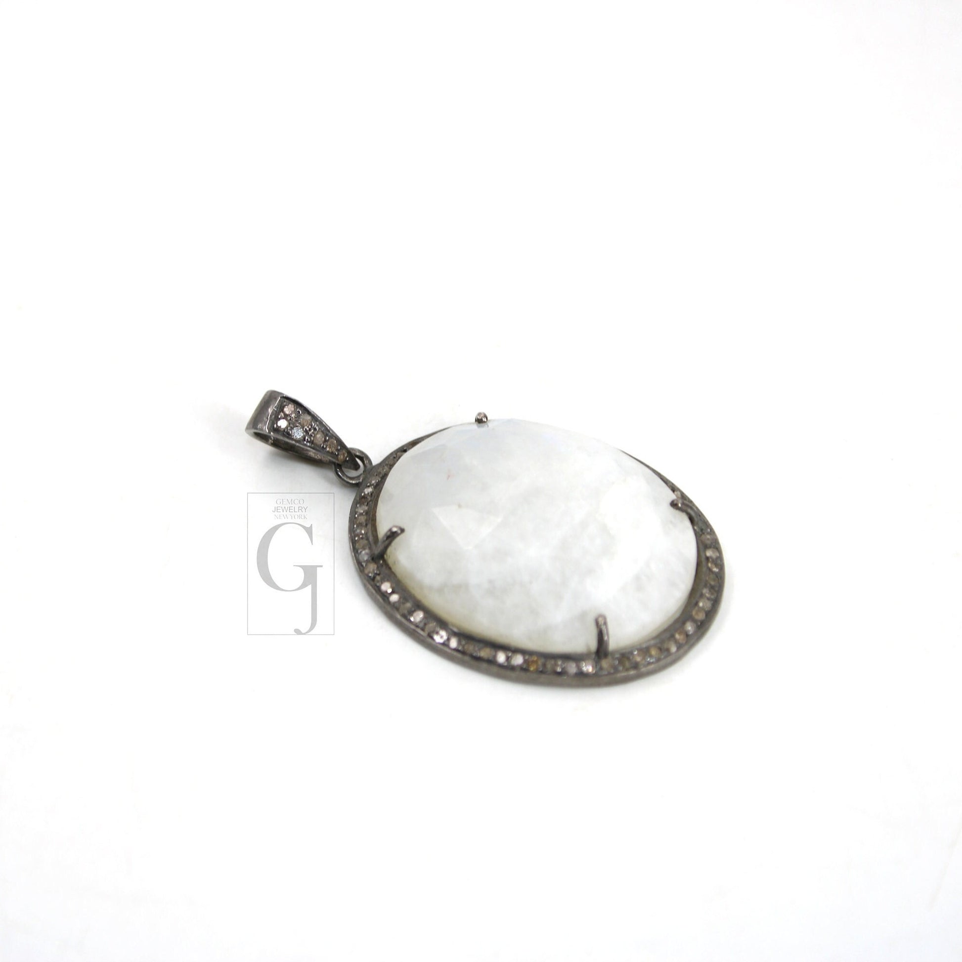 Blue Fire Rainbow Moonstone Pendant Rosecut Pave Diamond Pendant sterling silver handmade finish diamond charms necklace pendant jewelry
