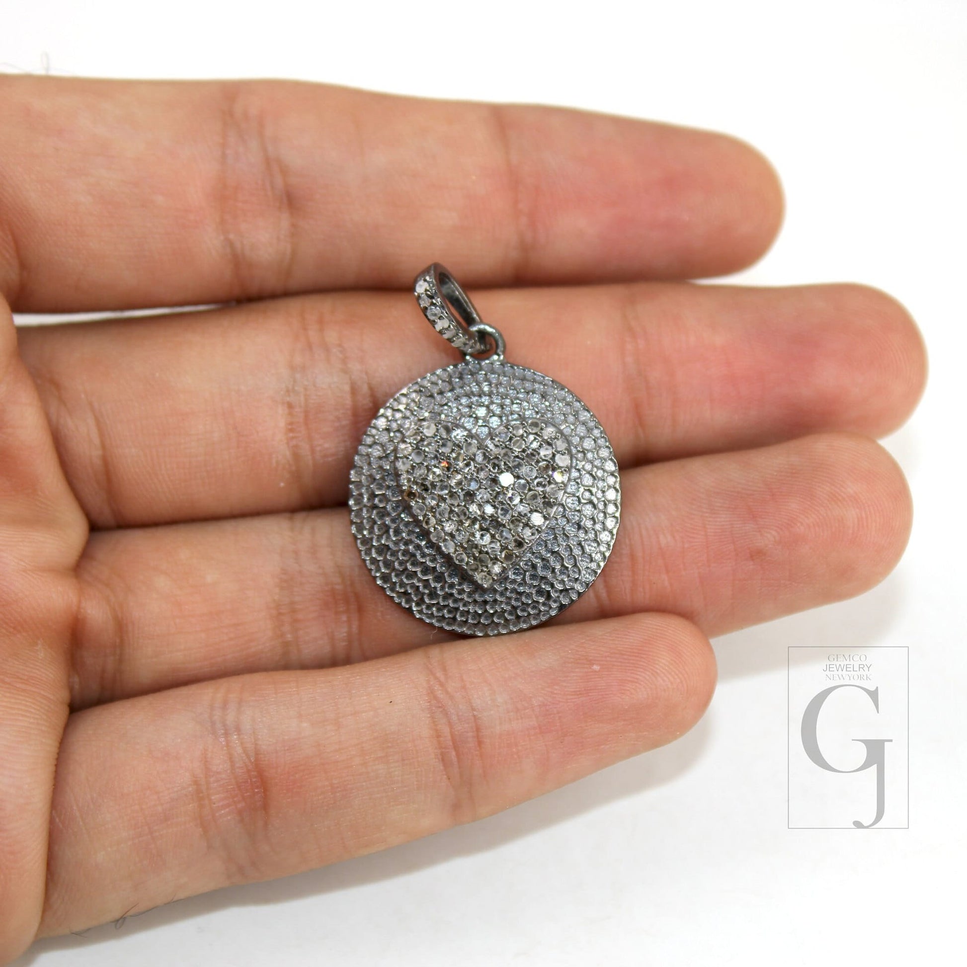 Oxidized look heart pendant designer Rosecut pave diamond pendant sterling 925 silver handmade finish diamond charms necklace pendant