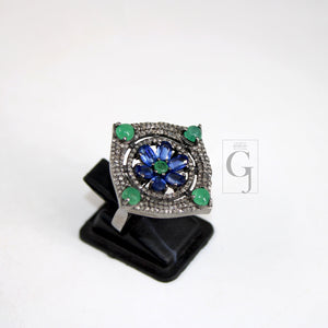 Antique Look Kyanite Green Emerald Ring Designer Rosecut Pave Handmade Diamond Rings 925 Sterling Silver Handmade Silver Finish Diamond Ring