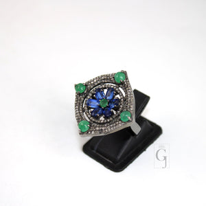 Antique Look Kyanite Green Emerald Ring Designer Rosecut Pave Handmade Diamond Rings 925 Sterling Silver Handmade Silver Finish Diamond Ring