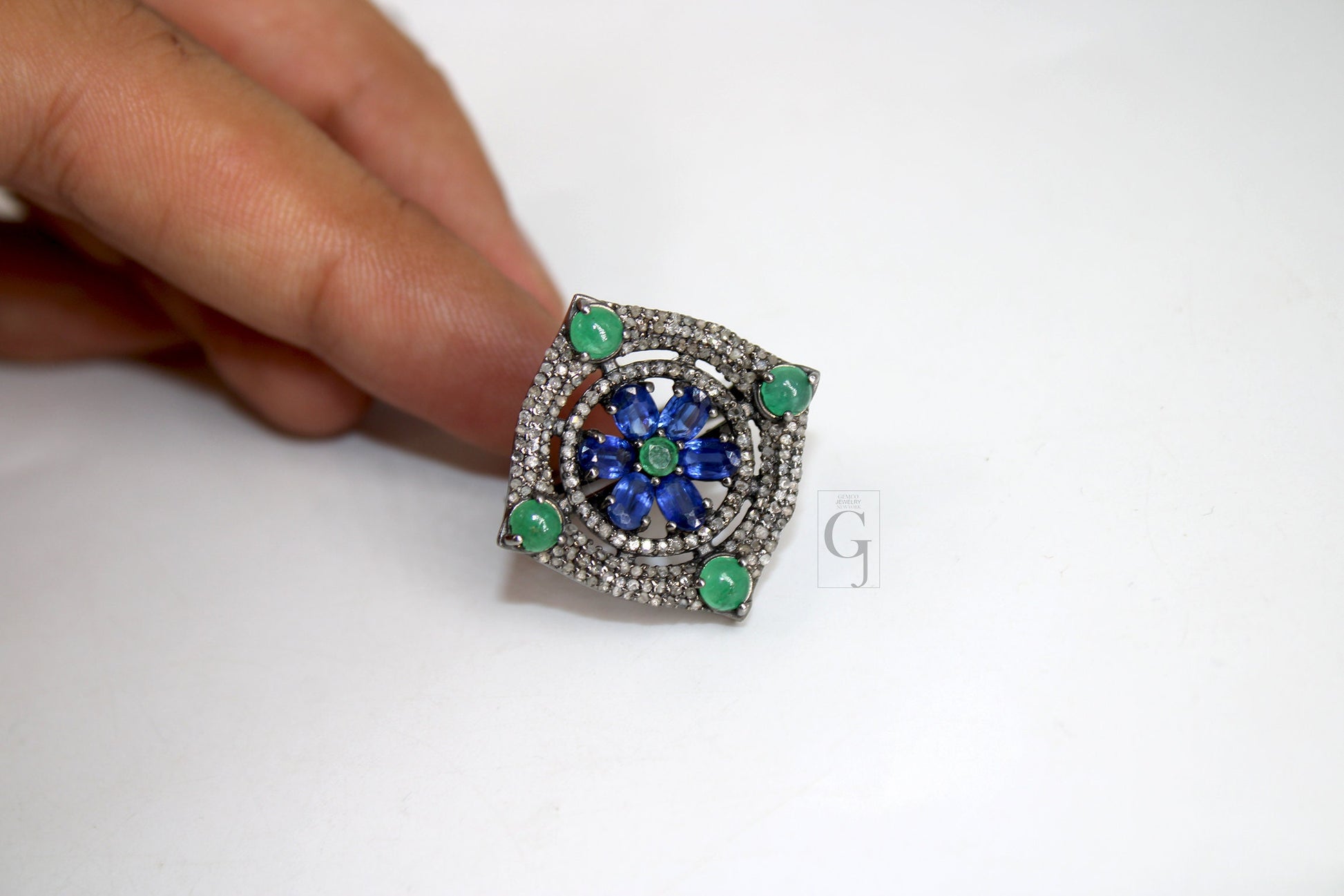 Antique Look Kyanite Green Emerald Ring Designer Rosecut Pave Handmade Diamond Rings 925 Sterling Silver Handmade Silver Finish Diamond Ring