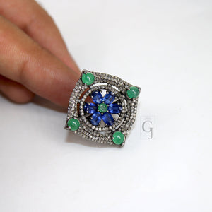 Antique Look Kyanite Green Emerald Ring Designer Rosecut Pave Handmade Diamond Rings 925 Sterling Silver Handmade Silver Finish Diamond Ring