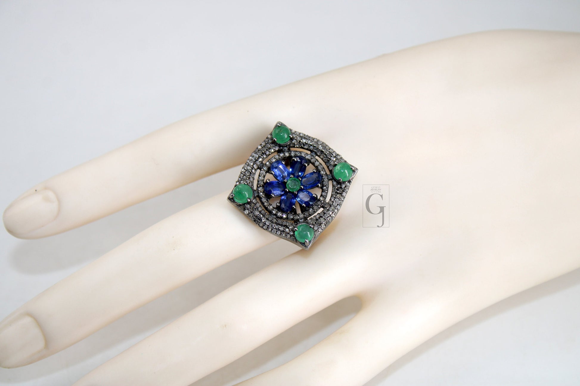 Antique Look Kyanite Green Emerald Ring Designer Rosecut Pave Handmade Diamond Rings 925 Sterling Silver Handmade Silver Finish Diamond Ring