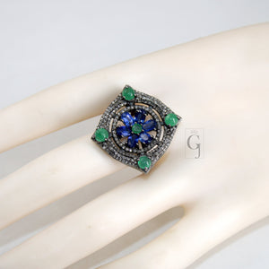 Antique Look Kyanite Green Emerald Ring Designer Rosecut Pave Handmade Diamond Rings 925 Sterling Silver Handmade Silver Finish Diamond Ring