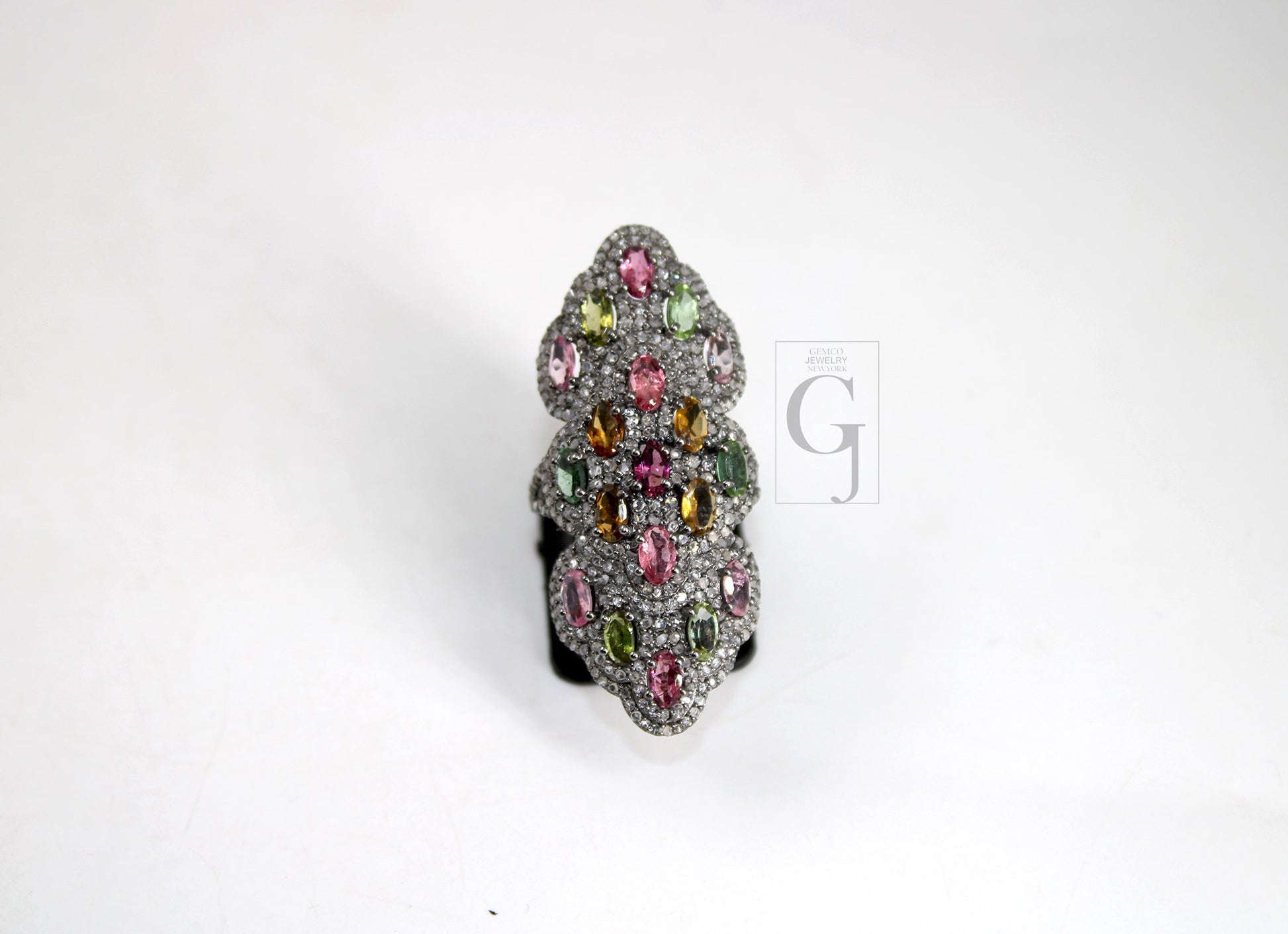 Oxidized finish multi tourmaline ring designer Rosecut pave handmade diamond rings 925 sterling silver handmade silver finish diamond ring