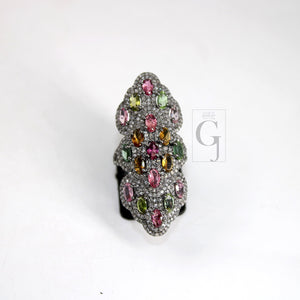 Oxidized finish multi tourmaline ring designer Rosecut pave handmade diamond rings 925 sterling silver handmade silver finish diamond ring