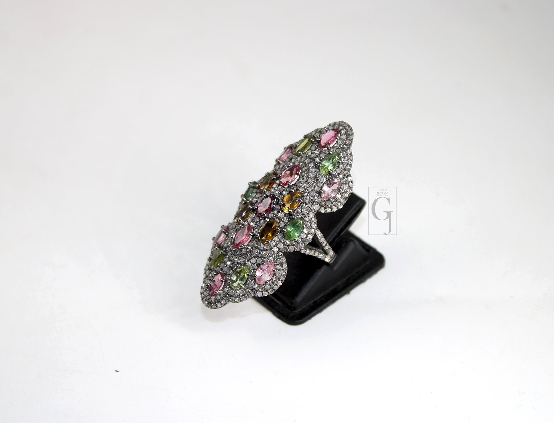 Oxidized finish multi tourmaline ring designer Rosecut pave handmade diamond rings 925 sterling silver handmade silver finish diamond ring