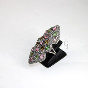 Oxidized finish multi tourmaline ring designer Rosecut pave handmade diamond rings 925 sterling silver handmade silver finish diamond ring