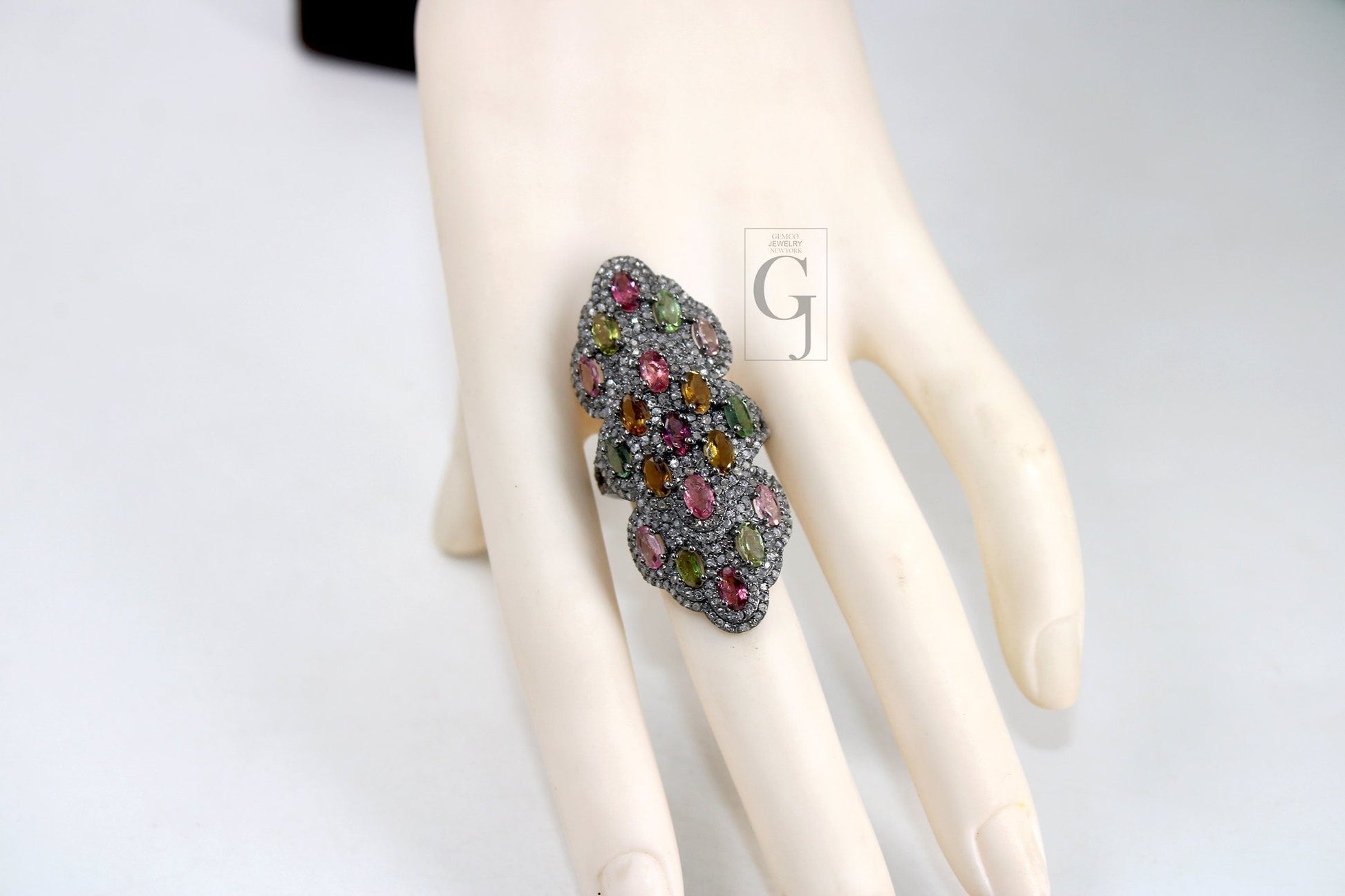 Oxidized finish multi tourmaline ring designer Rosecut pave handmade diamond rings 925 sterling silver handmade silver finish diamond ring