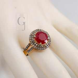 Beautiful 18k Gold Finish 5ct Ruby Ring Designer Rosecut Pave Diamond Rings 925 Sterling Silver Handmade Silver Finish Diamond Ring