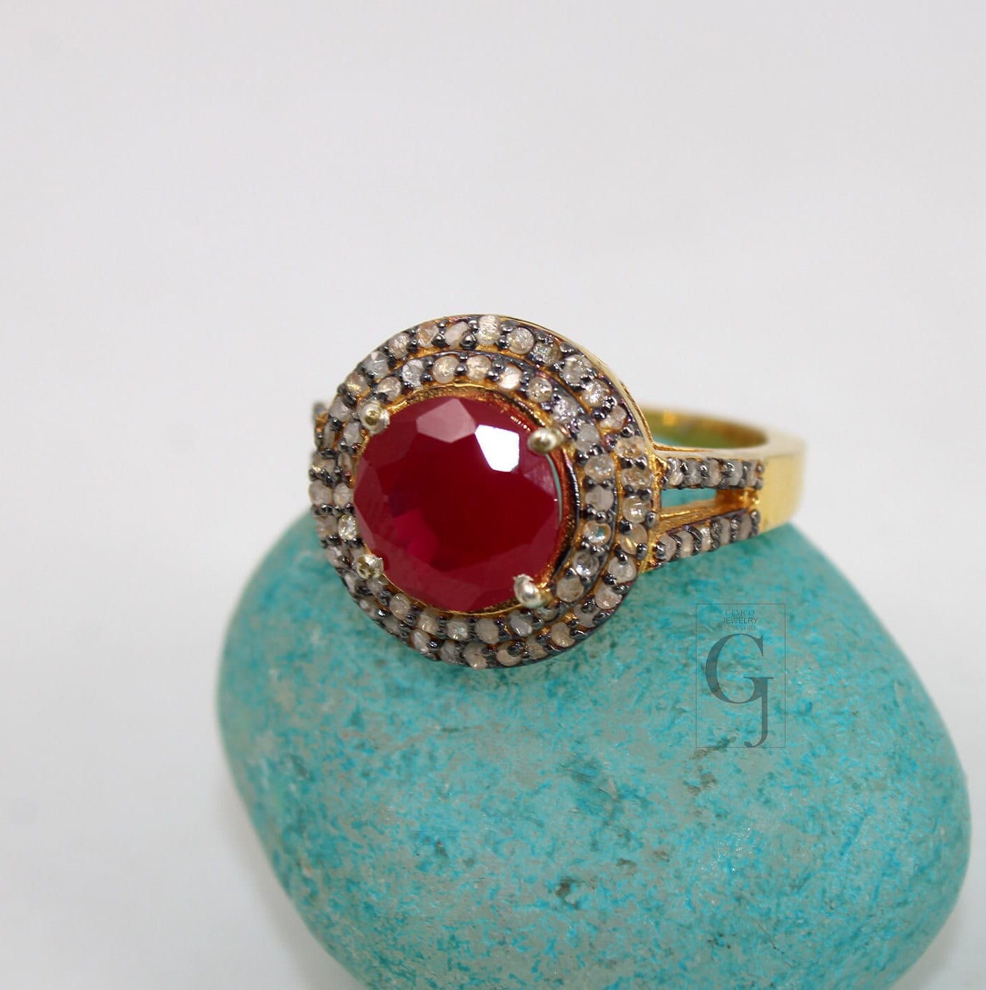 Beautiful 18k Gold Finish 5ct Ruby Ring Designer Rosecut Pave Diamond Rings 925 Sterling Silver Handmade Silver Finish Diamond Ring