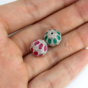 Pave Diamond Ball Bead \ Spacers Design Pave Diamond 925 Sterling Silver Handmade Jewerly Diamond Ruby \Emerald\Turquoise\Blue Topaz 12mm