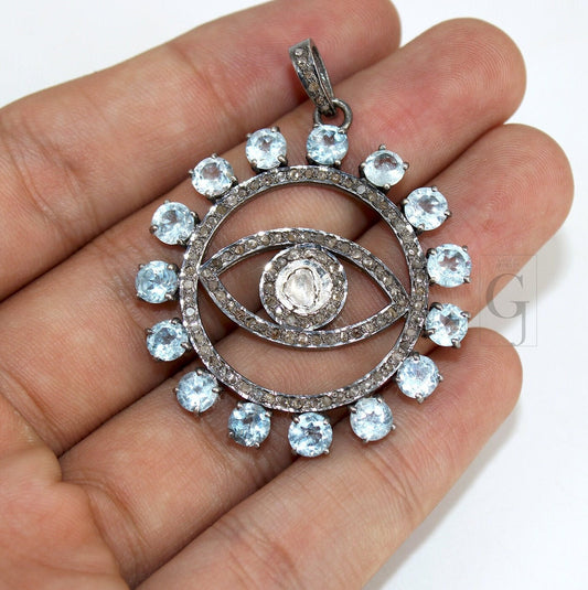 Polki Evil eye Blue topaz pendant designer Rosecut pave diamond pendant 925 sterling silver handmade finish diamond charm necklace pendant