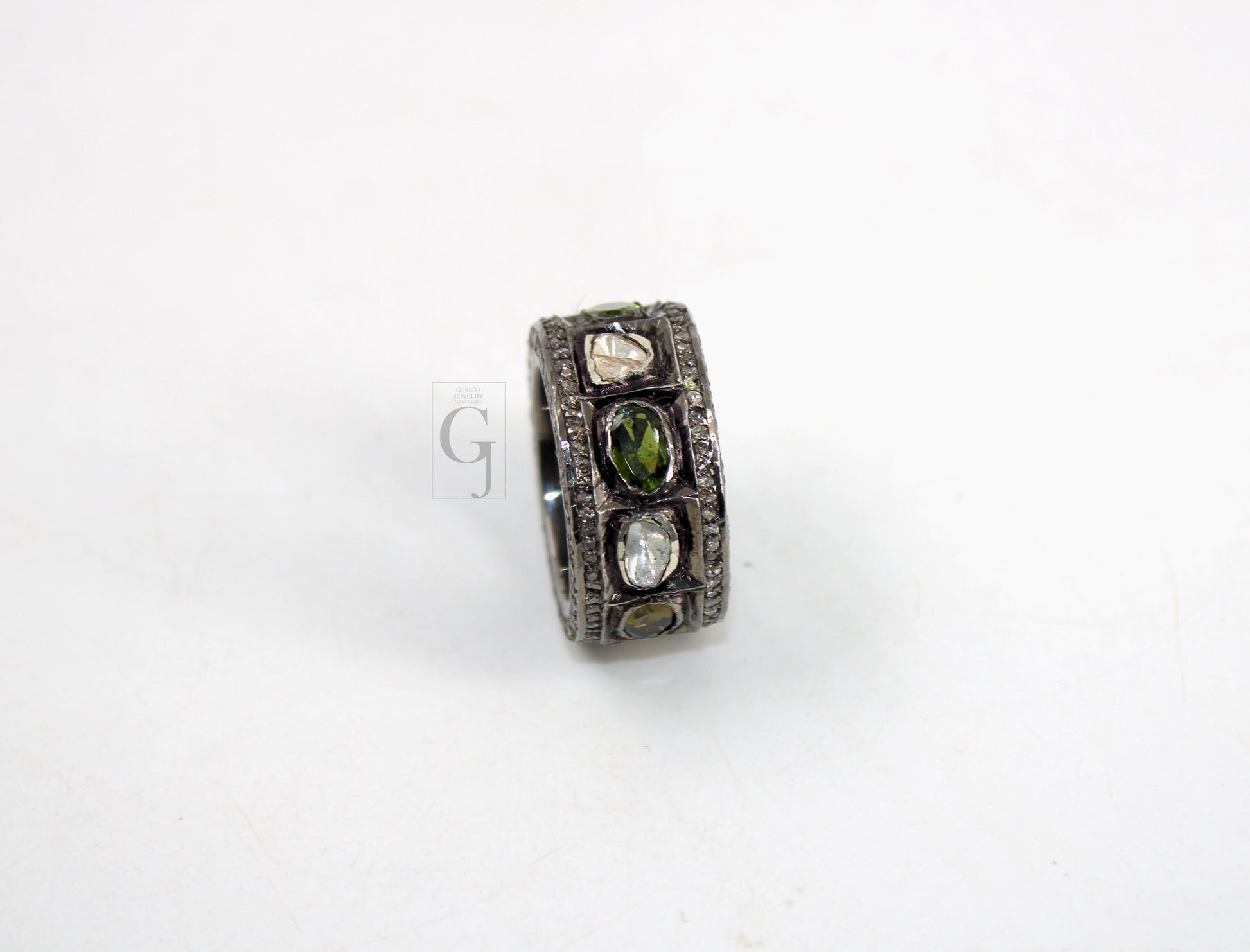 Green Tourmaline And Polki Flat Diamond Ring Band Design Rosecut Pave Diamond Rings 925 Sterling Silver Handmade Silver Finish Diamond Ring