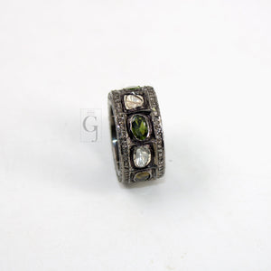 Green Tourmaline And Polki Flat Diamond Ring Band Design Rosecut Pave Diamond Rings 925 Sterling Silver Handmade Silver Finish Diamond Ring